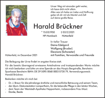 Traueranzeige von Harald Brückner von vrm-trauer