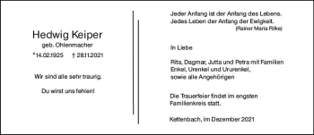 Traueranzeige von Hedwig Keiper von vrm-trauer