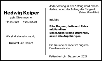 Traueranzeige von Hedwig Keiper von vrm-trauer
