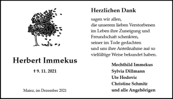 Traueranzeige von Herbert Immekus von vrm-trauer
