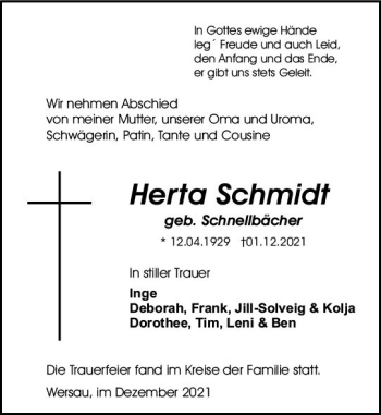 Traueranzeige von Herta Schmidt von vrm-trauer
