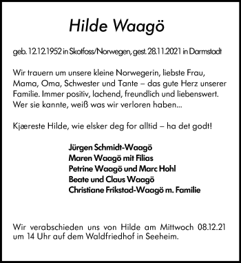 Traueranzeige von Hilde Waagö von vrm-trauer