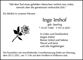 Traueranzeige von Inge Imhof von vrm-trauer