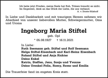 Traueranzeige von Ingeborg Maria Stiftel von vrm-trauer