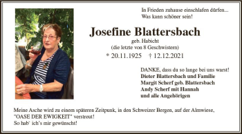 Traueranzeige von Josefine Blattersbach von vrm-trauer