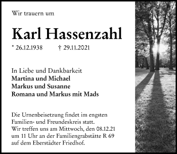 Traueranzeige von Karl Hassenzahl von vrm-trauer