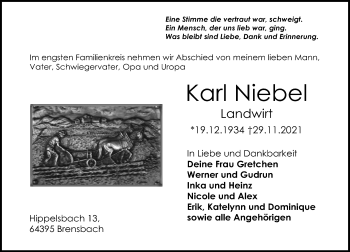 Traueranzeige von Karl Niebel von vrm-trauer