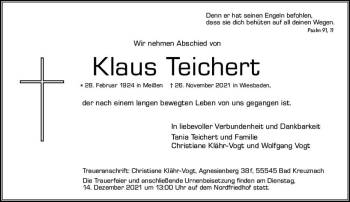 Traueranzeige von Klaus Teichert von vrm-trauer