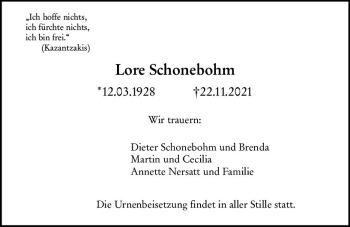 Traueranzeige von Lore Schonebohm von vrm-trauer