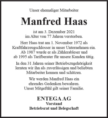 Traueranzeige von Manfred Haas von vrm-trauer