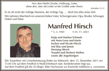 Traueranzeige von Manfred Hirsch von vrm-trauer
