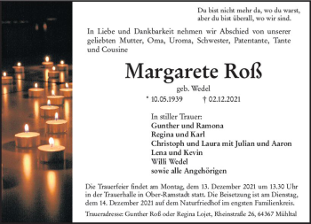 Traueranzeige von Margarete Roß von vrm-trauer
