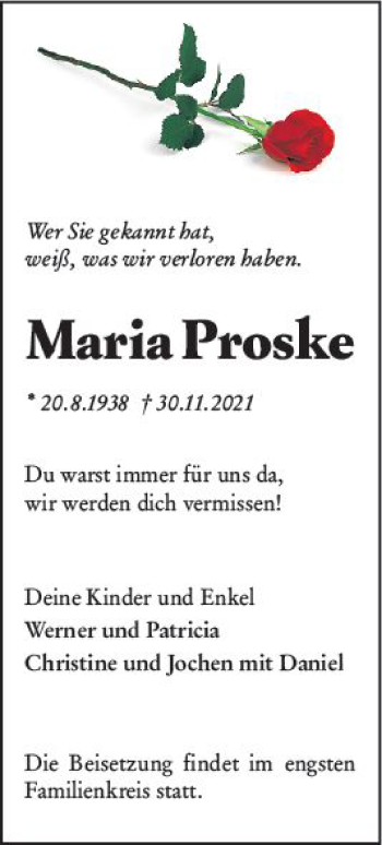 Traueranzeige von Maria Proske von vrm-trauer