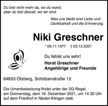 Traueranzeige von Niki Greschner von vrm-trauer
