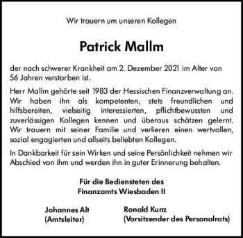 Traueranzeige von Patrick Mallm von vrm-trauer