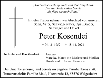 Traueranzeige von Peter Kosendei von vrm-trauer