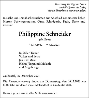 Traueranzeige von Philippine Schneider von vrm-trauer
