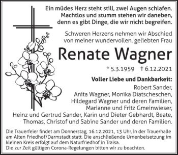 Traueranzeige von Renate Wagner von vrm-trauer