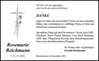 Traueranzeige von Rosemarie Reichmann von vrm-trauer