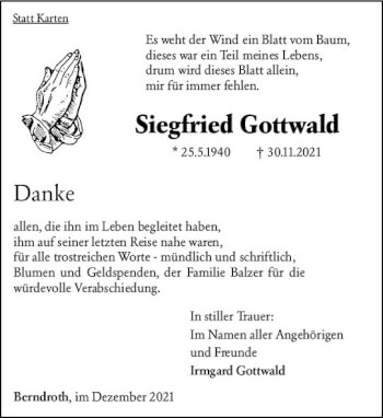 Traueranzeige von Siegfried Gottwald von vrm-trauer