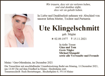Traueranzeige von Ute Klingelschmitt von vrm-trauer