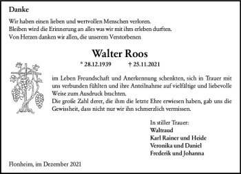 Traueranzeige von Walter Roos von vrm-trauer