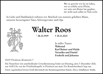 Traueranzeige von Walter Roos von vrm-trauer