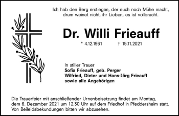Traueranzeige von Willi Frieauff von vrm-trauer