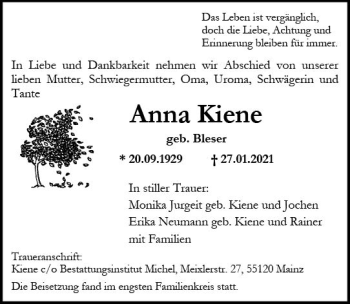 Traueranzeige von Anna Kiene von vrm-trauer