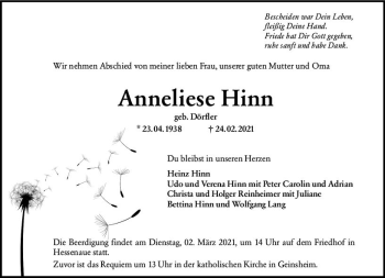 Traueranzeige von Anneliese Hinn von vrm-trauer