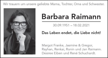 Traueranzeige von Barbara Raimann von vrm-trauer