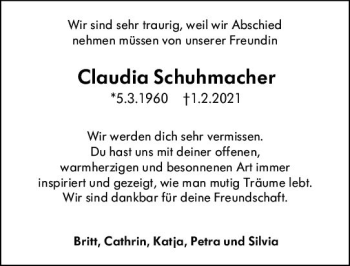 Traueranzeige von Claudia Schuhmacher von vrm-trauer