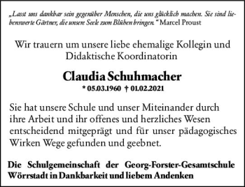 Traueranzeige von Claudia Schuhmacher von vrm-trauer