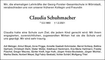 Traueranzeige von Claudia Schuhmacher von vrm-trauer