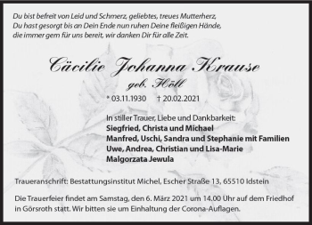 Traueranzeige von Cäcilie Johanna Krause von vrm-trauer