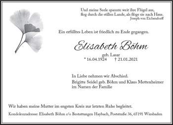 Traueranzeige von Elisabeth Böhm von vrm-trauer