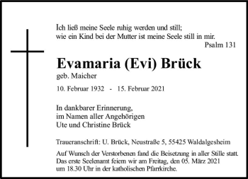 Traueranzeige von Evamaria Brück von vrm-trauer