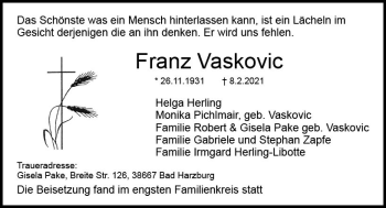 Traueranzeige von Franz Vaskovic von vrm-trauer