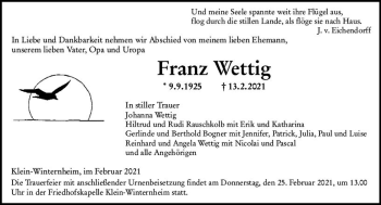 Traueranzeige von Franz Wettig von vrm-trauer