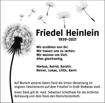 Traueranzeige von Friedel Heinlein von vrm-trauer
