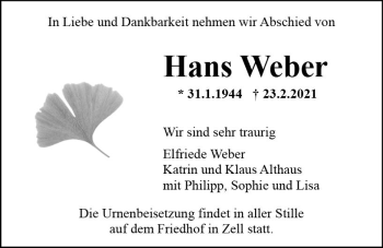 Traueranzeige von Hans Weber von vrm-trauer