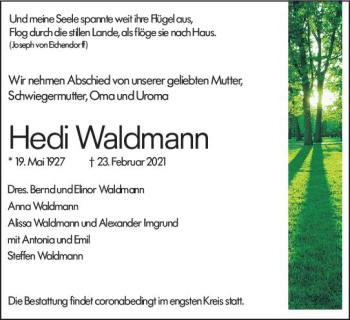 Traueranzeige von Hedi Waldmann von vrm-trauer
