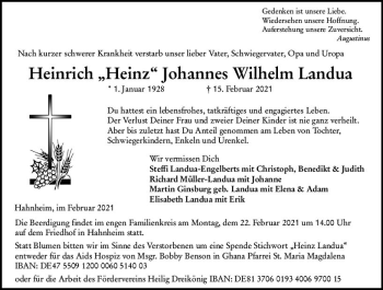 Traueranzeige von Heinrich Johannes Wilhelm Landua von vrm-trauer