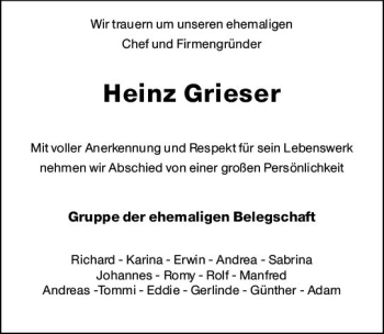 Traueranzeige von Heinz Grieser von vrm-trauer