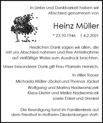 Traueranzeige von Heinz Müller von vrm-trauer