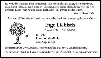 Traueranzeige von Inge Liebisch von vrm-trauer