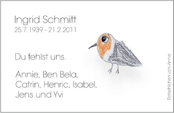 Traueranzeige von Ingrid Schmitt von vrm-trauer