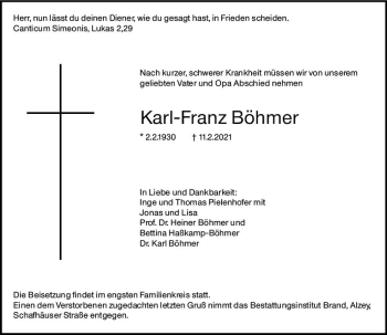 Traueranzeige von Karl-Franz Böhmer von vrm-trauer