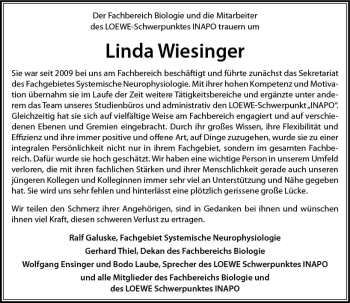 Traueranzeige von Linda Wiesinger von vrm-trauer