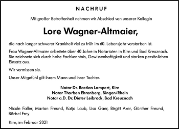 Traueranzeige von Lore Wagner-Altmaier von vrm-trauer